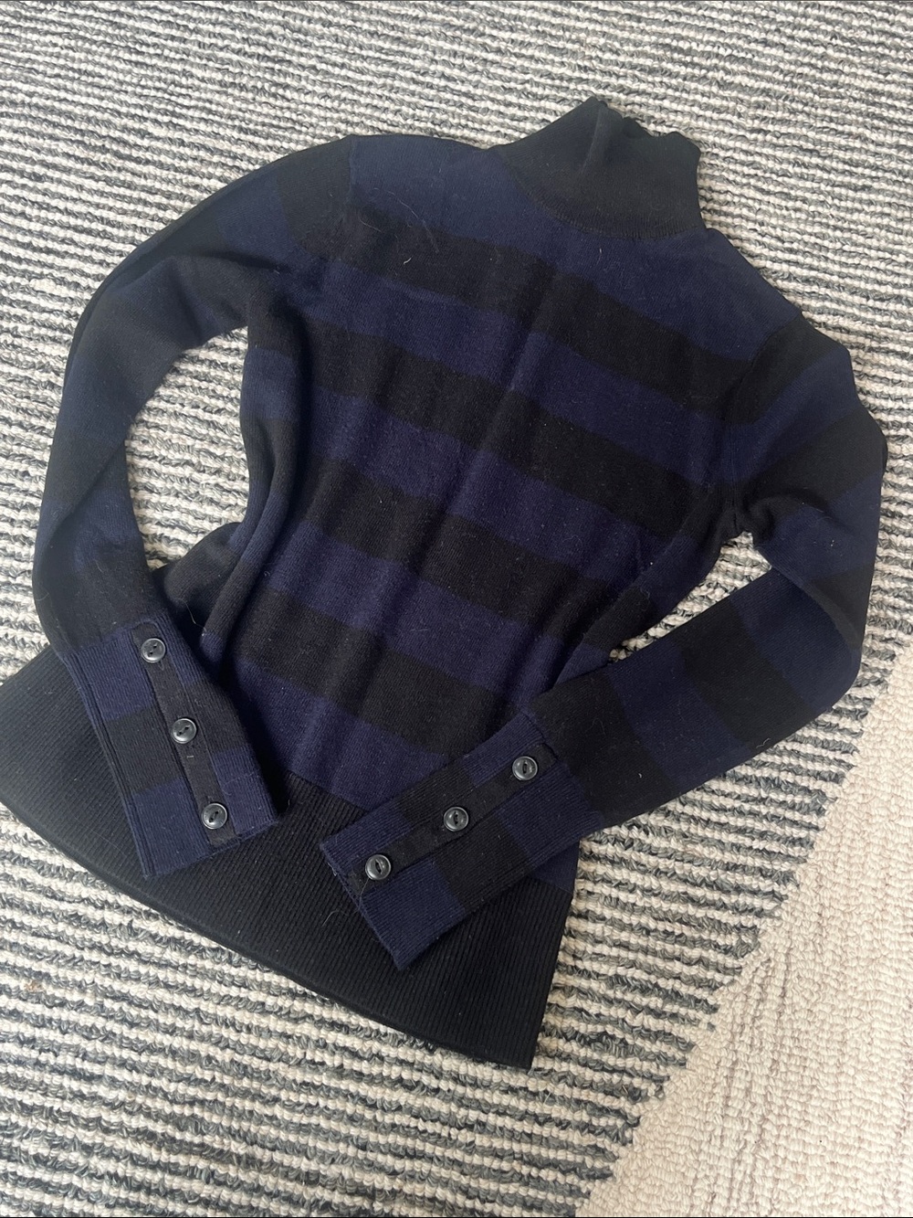 rag & bone Black and Navy Striped Turtleneck Sweater with Button Cuffs